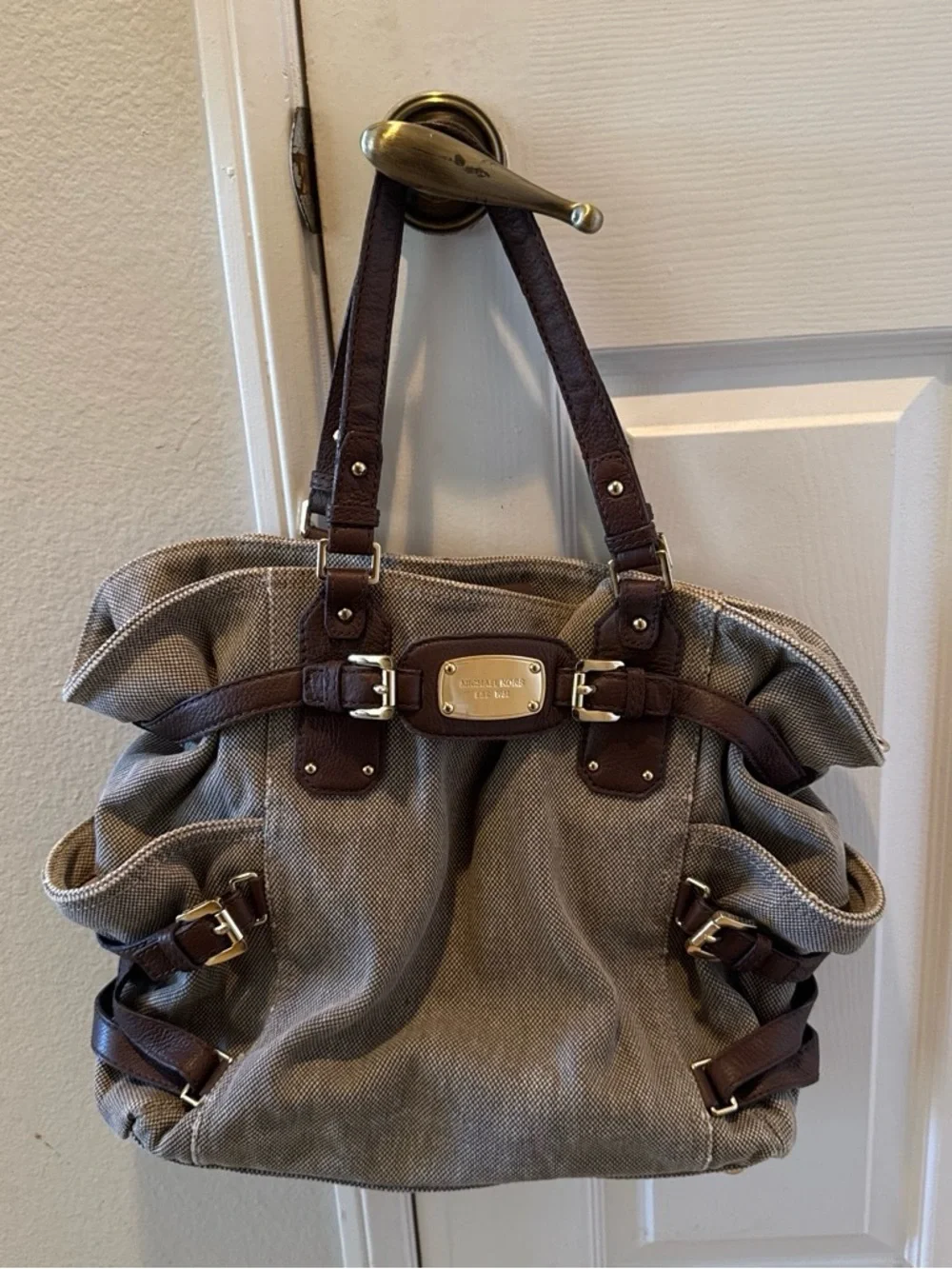 Michael Kors Taupe Canvas Shoulder Bag with Brown Trim